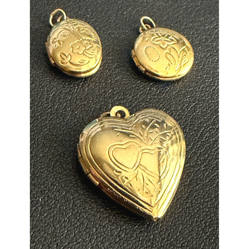 Vintage Locket Pendant Charm Set Gold Tone Heart Round Oval Etched Floral 3pc